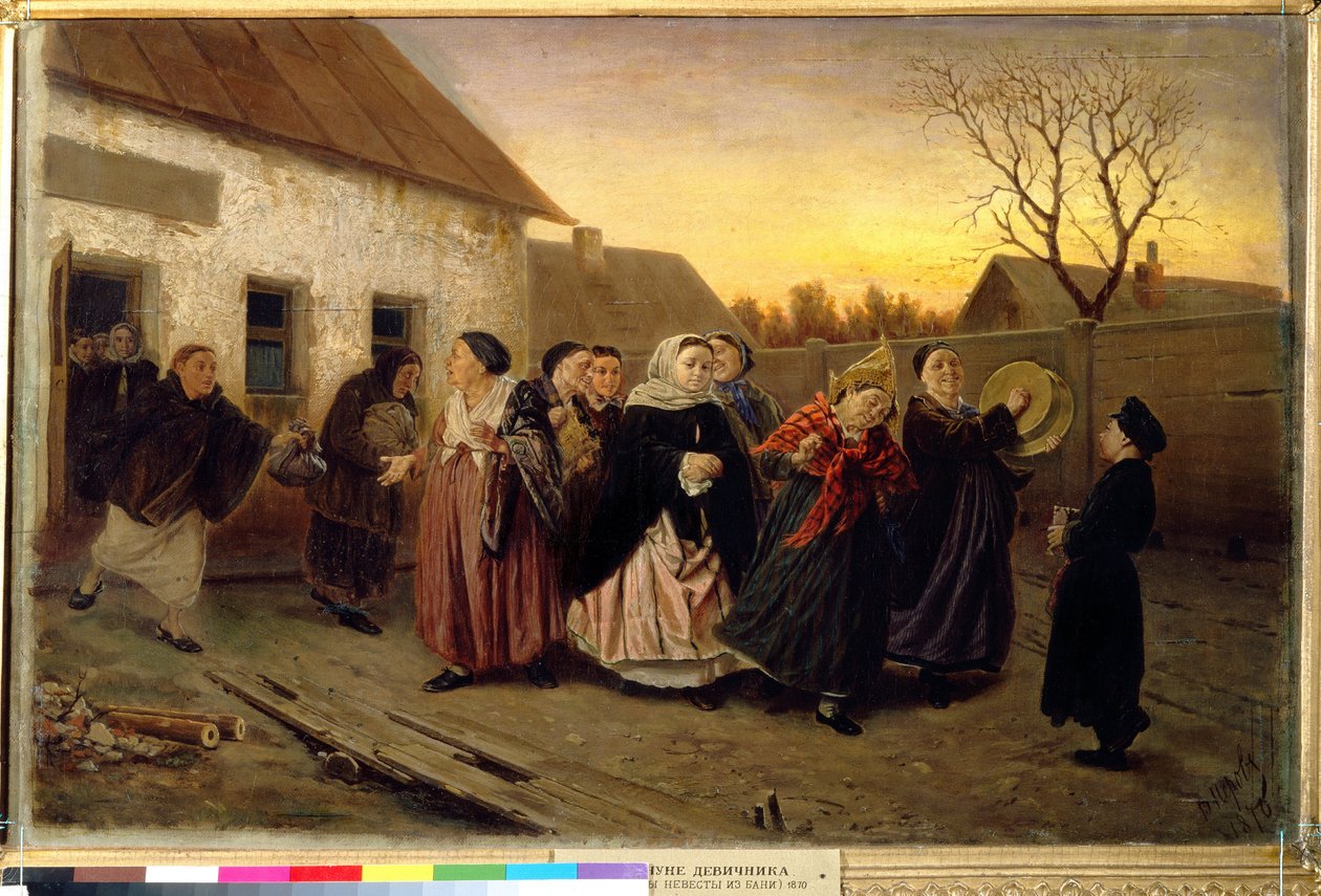 Russisk skikk: prosesjon av kvinner som forlater et hus og danser og synger på kvelden før et bryllup (Eve-of-the-wedding Party in a Bath House). Maleri av Vasili (Vasili) Grigoryevich Perov (1834-1882) av Vasili Grigorevich Perov