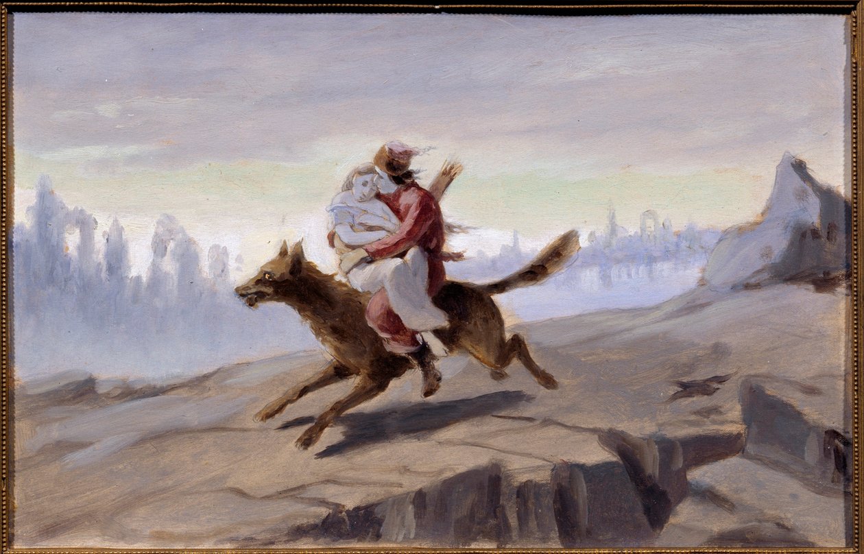 Ivan Tsarevich rir på den grå ulven (russisk tradisjonell fortelling) - Ivan Tsarevich rir på den grå ulven - Verk av Vasili (Vassili) Grigoryevich Perov (1834-1882), olje på papir, sent 1870-begynnelsen av 1880 - russisk kunst av Vasili Grigorevich Perov