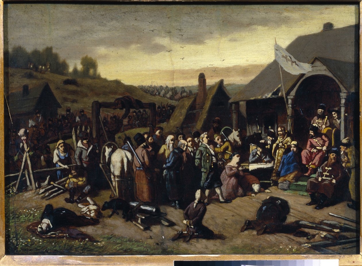 Dommen til Emelian Ivanovich Pugachev (Iemelian eller Emilien Pougatchov) (1742-1775) (The Judgment of Pugachev). Etter undertrykkelsen av den russiske bondekrigen (1773-1775) (Jackson fra Yaik-kosakkene). Maleri av Vasili (Vasili) Grigoryevi av Vasili Grigorevich Perov