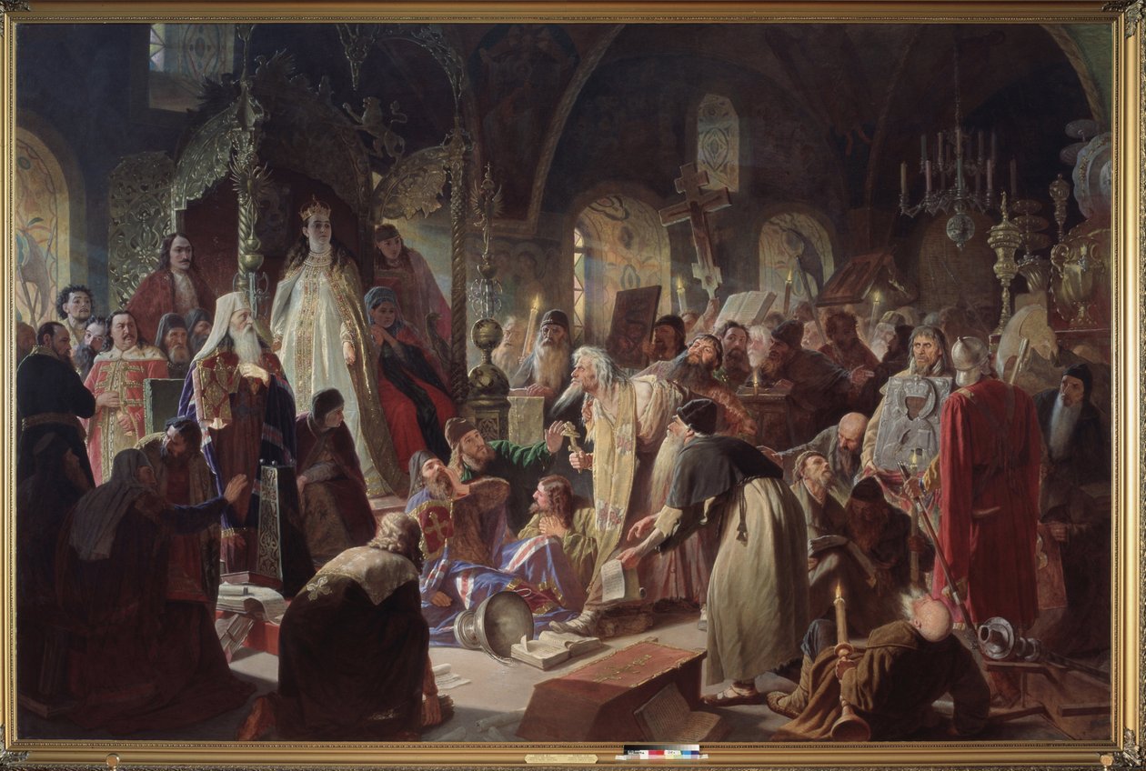 Den gamle troende (gammeltroende) Pave Nikita Poustosviat (eller Nikita Dimitriovich Dobrynine, døde i 1683) debatterte med patriarken av Moskva, Joachim (1620-1690), om spørsmålet om troen i nærvær av regenten Sophia Alexeievna Romanova ( 1657-1704 av Vasili Grigorevich Perov