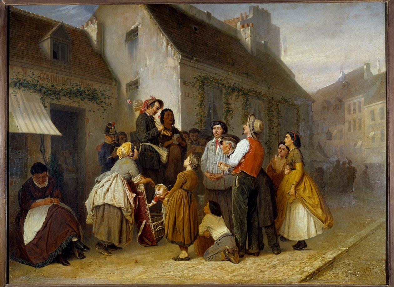 Gatebilde i Paris. Forbipasserende stoppet foran et par gatemusikanter: mannen spiller ehru (instrument med to strenger gnidd av en bue) og kona synger. Maleri av Vasili (Vasili) Perov (1833-1882) av Vasili Grigorevich Perov