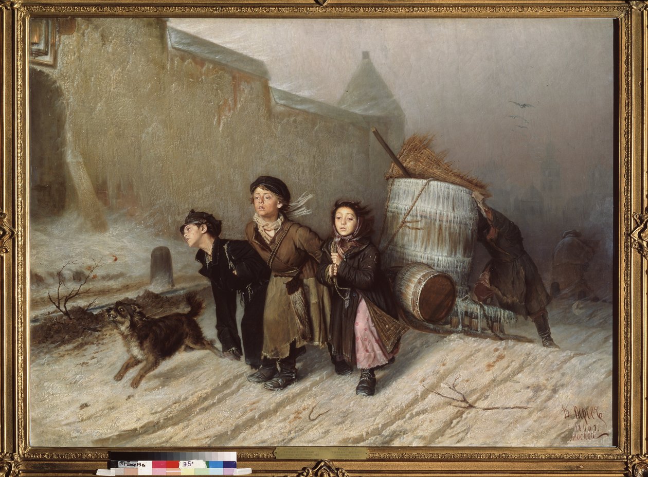 Troika (Slede). Lærlinger henter vann. (Gate om vinteren). Maleri av Vasili (Vasili) Grigoryevich Perov (1834-1882), olje på lerret av Vasili Grigorevich Perov