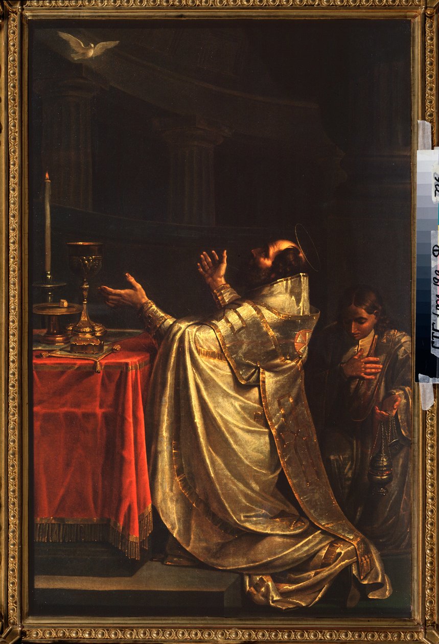 Basilikum den store (330-379) (eller Basil fra Cesarea) som bøyer seg foran Den Hellige Ånds due (Den Hellige Ånd) - Basil den store - Maleri av Vasili Kuzmich Shebuev (1777-1855), olje på lerret av Vasili Kuzmich Shebuev