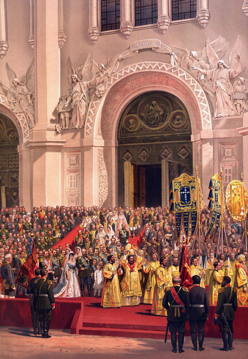 Kroningsalbum av tsar Alexander III av Russland (1845-1894) og keiserinne Maria Feodorovna (Dagmar av Danmark) (1847-1928) - Det keiserlige paret forlater katedralen Kristus Frelseren (Fra kroningsalbumet) av Vasili Petrovich (Petr. av Vasili Petrovich Vereshchagin