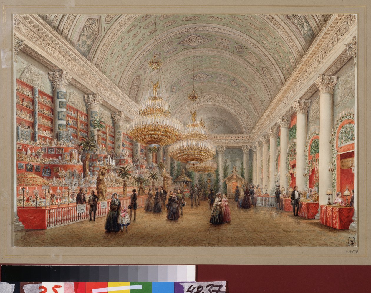 Veldedighetsbasar i bankettsalen til Yusupov-palasset i St. Petersburg. Verk av Vasily Semyonovich Sadovnikov (1800-1879), akvarell på papir. russisk kunst av Vasili Semenovich Sadovnikov