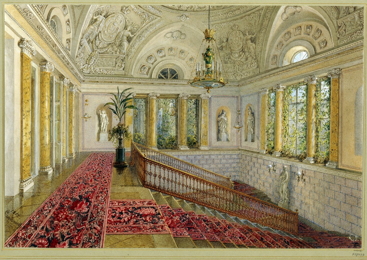 Trapp i et palass. Verk av Vasily Semyonovich Sadovnikov (1800-1879), akvarell på papir av Vasili Semenovich Sadovnikov