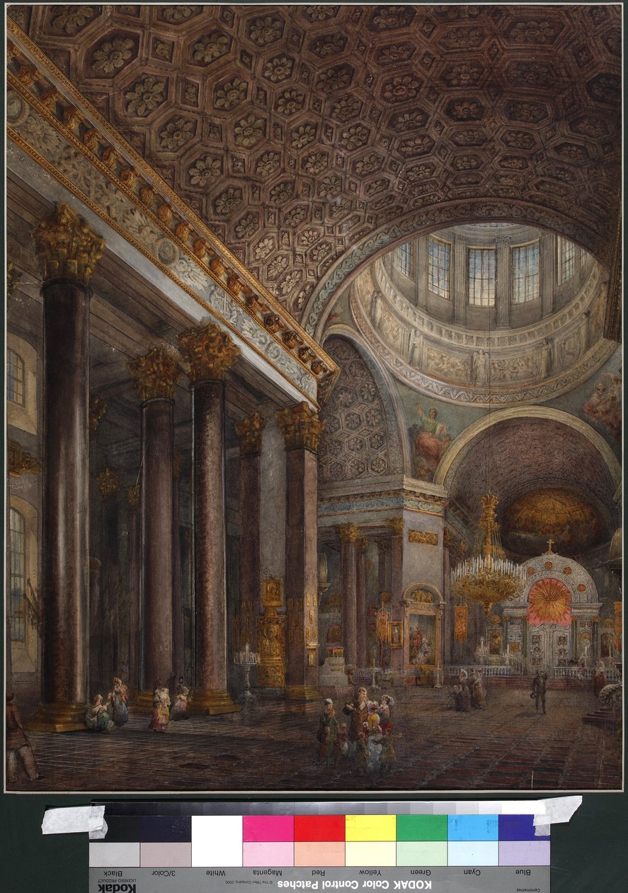 Innvendig utsikt over Kazan-katedralen i St. Petersburg, av Sadovnikov, Vasily Semyonovich (1800-1879). Akvarell på papir av Vasili Semenovich Sadovnikov