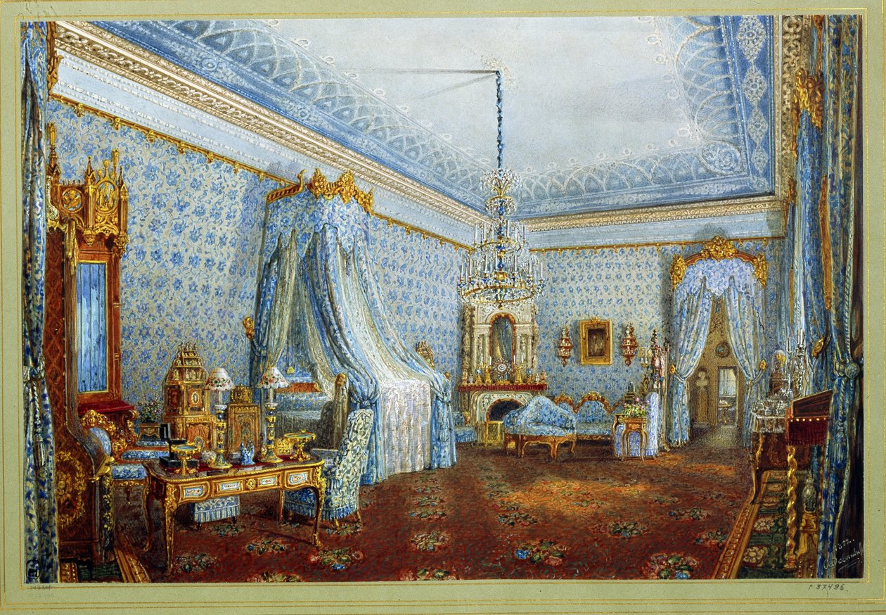 Rommet i Yusupov-palasset (Moika-palasset) i St. Petersburg (Rommet i Yusupov-palasset i St.Petersbourg). Verk av Vasily Semyonovich Sadovnikov (1800-1879), akvarell på papir. russisk kunst av Vasili Semenovich Sadovnikov
