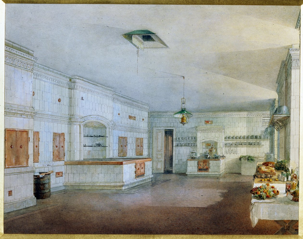 Kjøkkenet til Yusupov-palasset (Moika-palasset) i St. Petersburg. (Kjøkkenet i Yusupov-palasset i St. Petersburg). Verk av Vasily Semyonovich Sadovnikov (1800-1879), akvarell på papir. Russisk kunst fra 1800-tallet. Statens russiske museum, Saint Pe av Vasili Semenovich Sadovnikov