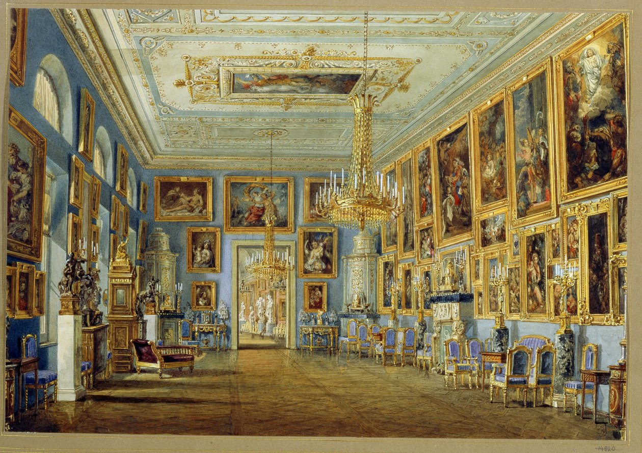 Yusupov Palace Art Gallery (Moika Palace) i St. Petersburg. (Kunstgalleriet i Yusupov-palasset i St; Petersburg). Verk av Vasily Semyonovich Sadovnikov (1800-1879), akvarell på papir. russisk kunst av Vasili Semenovich Sadovnikov
