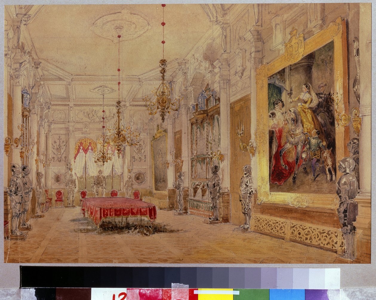 Spisestuen i Herregården Verki. Verk av Vasily Semyonovich Sadovnikov (18000-1879), akvarell på lerret av Vasili Semenovich Sadovnikov