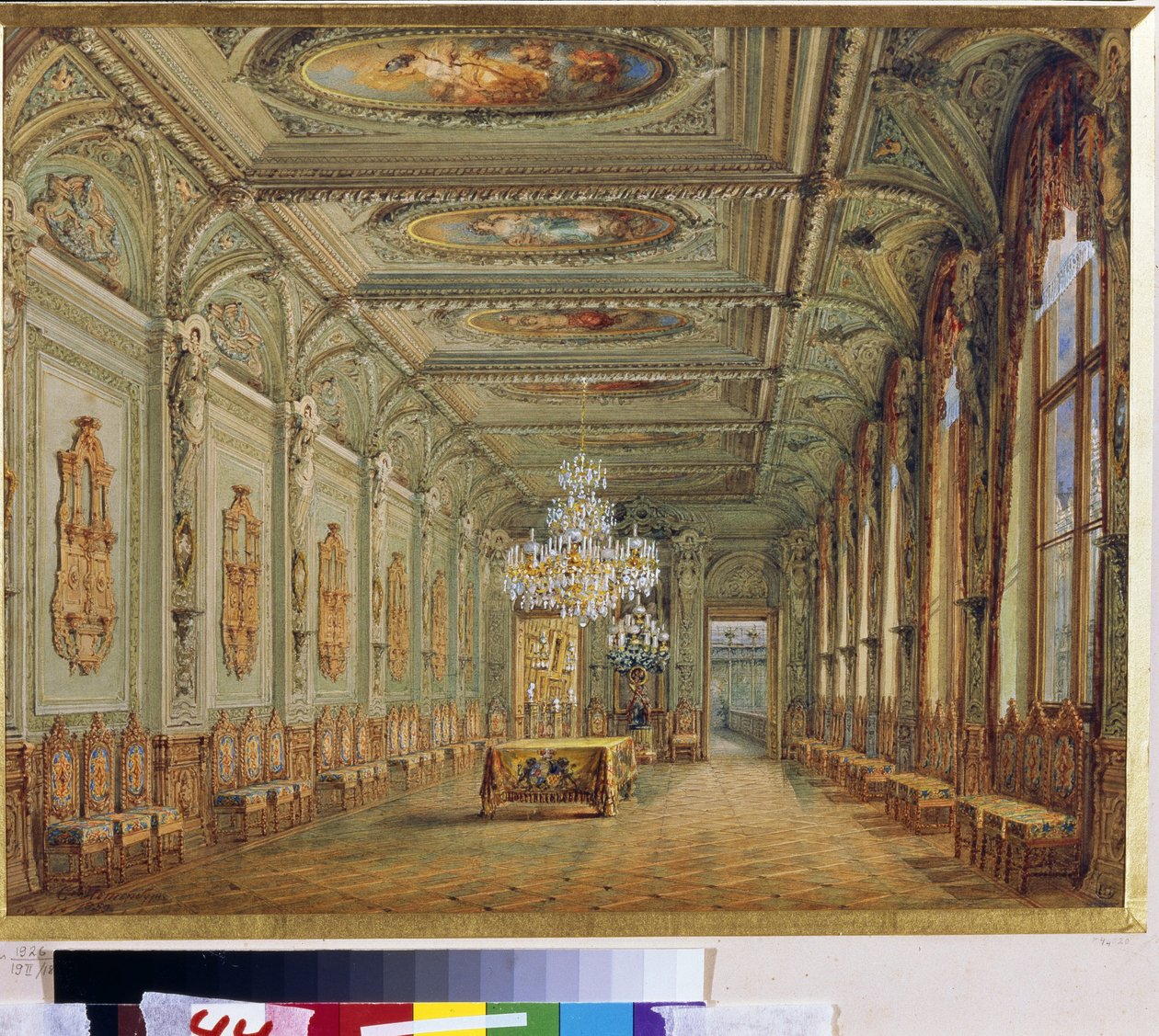 Hovedspisestuen (Henri II Gallery) til Yusupov-palasset (Moika-palasset) i St. Petersburg. (The Main Dining Room (Gallery of Henry II) i Yusupov-palasset i St. Petersburg). Kunstverk av Vasily Semyonovich Sadovnikov (1800-1879), aqua av Vasili Semenovich Sadovnikov