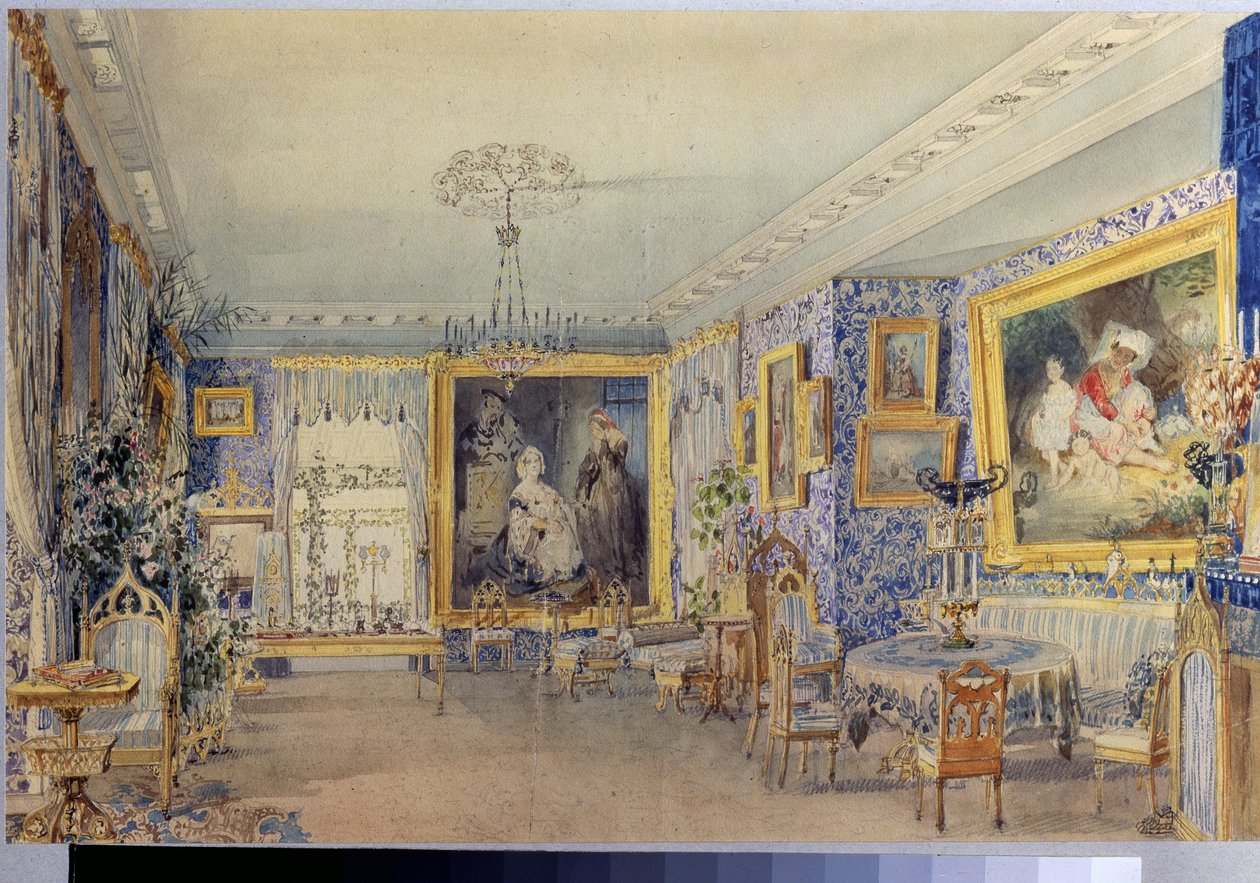 Stuen i Herregården Verki. Verk av Vasily Semyonovich Sadovnikov (1800-1879), akvarell på papir av Vasili Semenovich Sadovnikov
