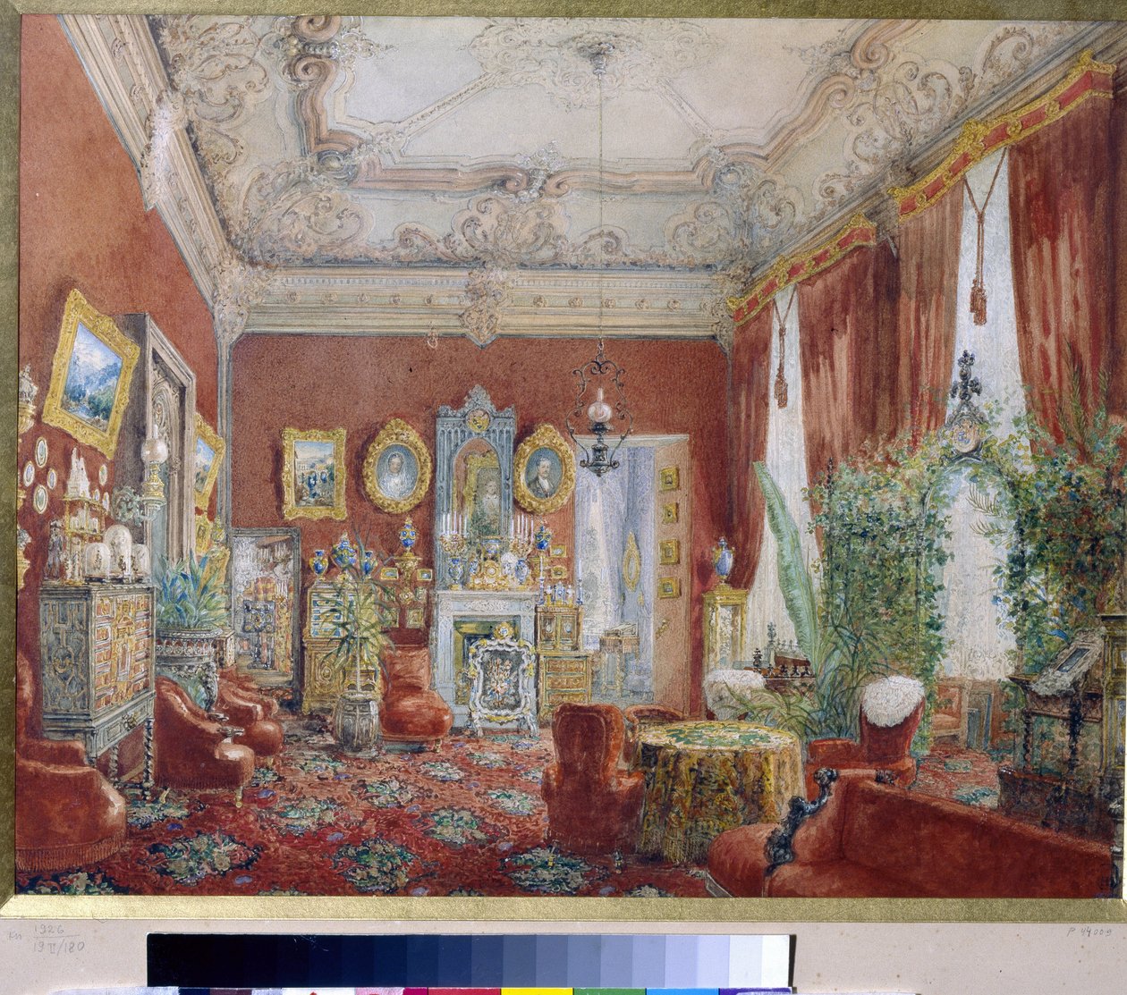 Familiestuen til Yusupov-palasset (Moika-palasset) i St. Petersburg. (Familiestuen i Yusupov-palasset i St. Petersburg). Verk av Vasily Semyonovich Sadovnikov (1800-1879), akvarell på papir. russisk kunst av Vasili Semenovich Sadovnikov