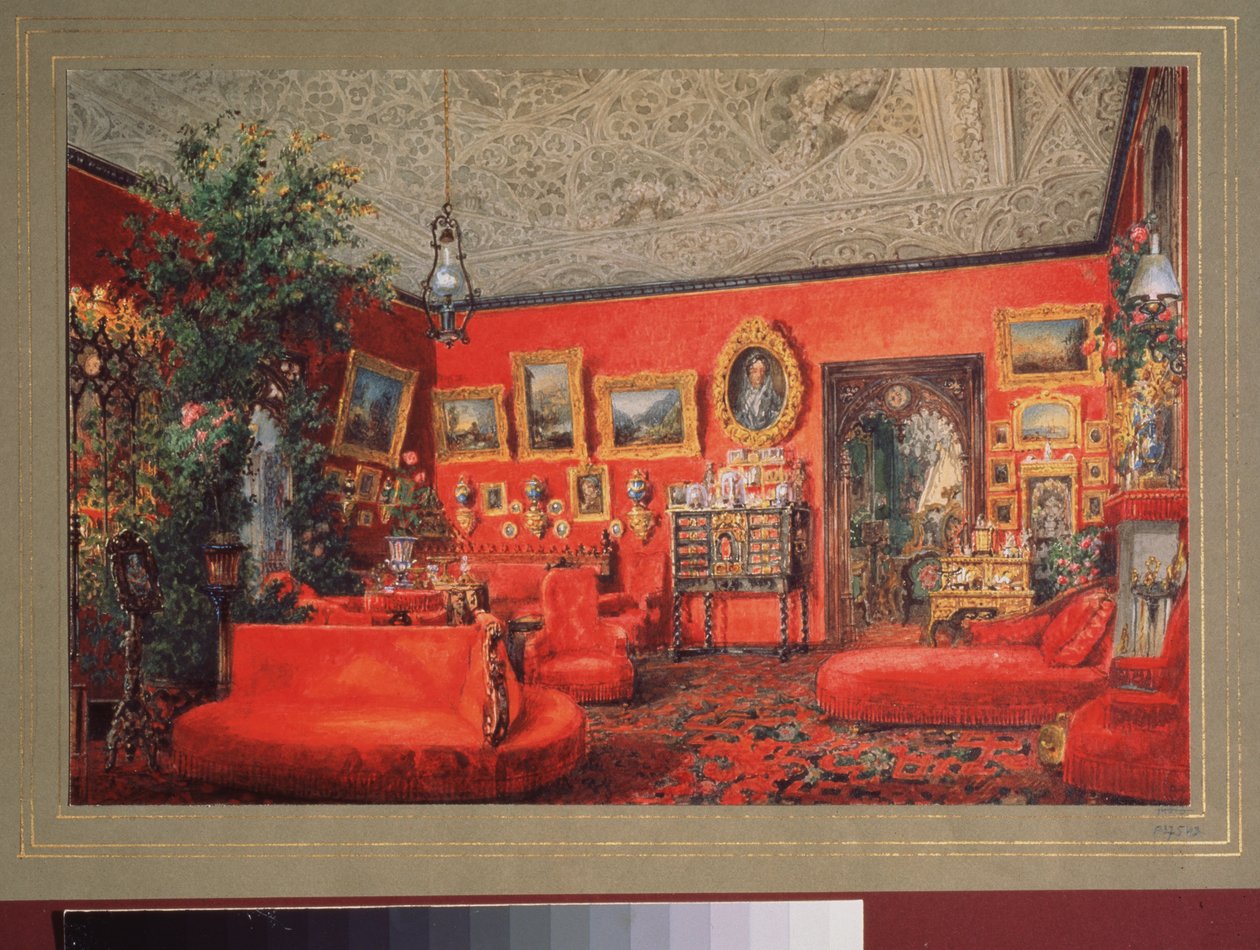 Den røde stuen i Yusupov-palasset i St. Petersburg. Verk av Vasily Semyonovich Sadovnikov (1800-1879), akvarell på papir. russisk kunst av Vasili Semenovich Sadovnikov