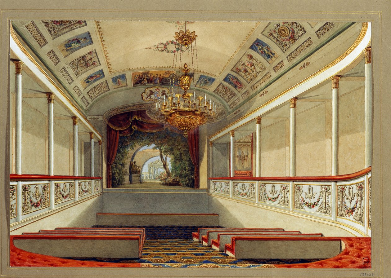 Teatersalen til Yusupov-palasset (Moika-palasset), i St. Petersburg. (Hjemmekinoen i Yusupov-palasset i St. Petersburg). Verk av Vasily Semyonovich Sadovnikov (1800-1879), akvarell på papir. Russisk kunst fra 1800-tallet. Staten Russland Mus av Vasili Semenovich Sadovnikov