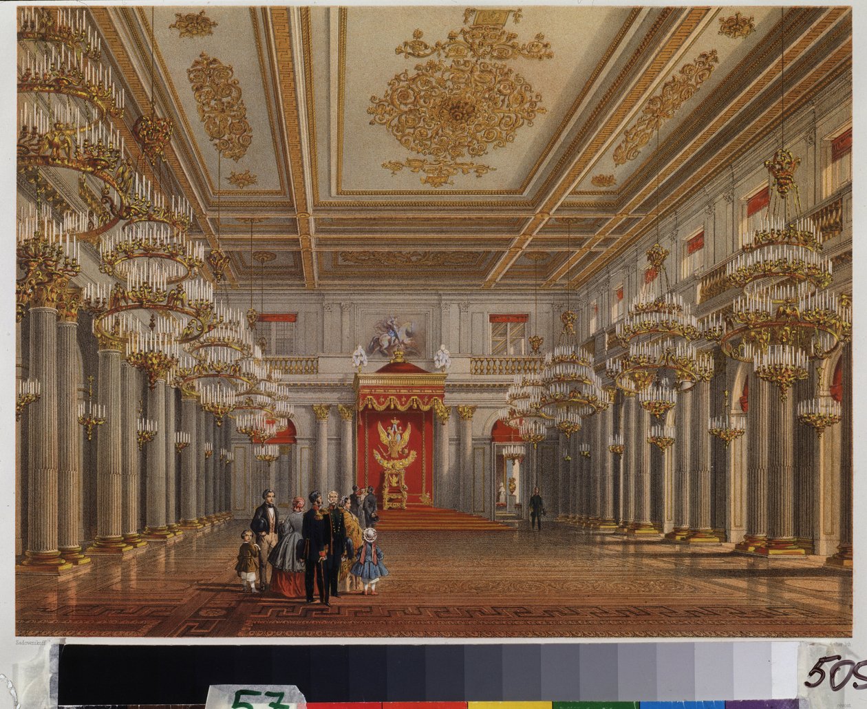 Throne Room (Hall of Saint George) i Vinterpalasset i St. Petersburg. Verk av Vasily Semyonovich Sadovnikov (1800-1879), akvarell på papir. Russisk kunst fra 1800-tallet. A. Pushkin Memorial Museum, St. Petersburg. av Vasili Semenovich Sadovnikov