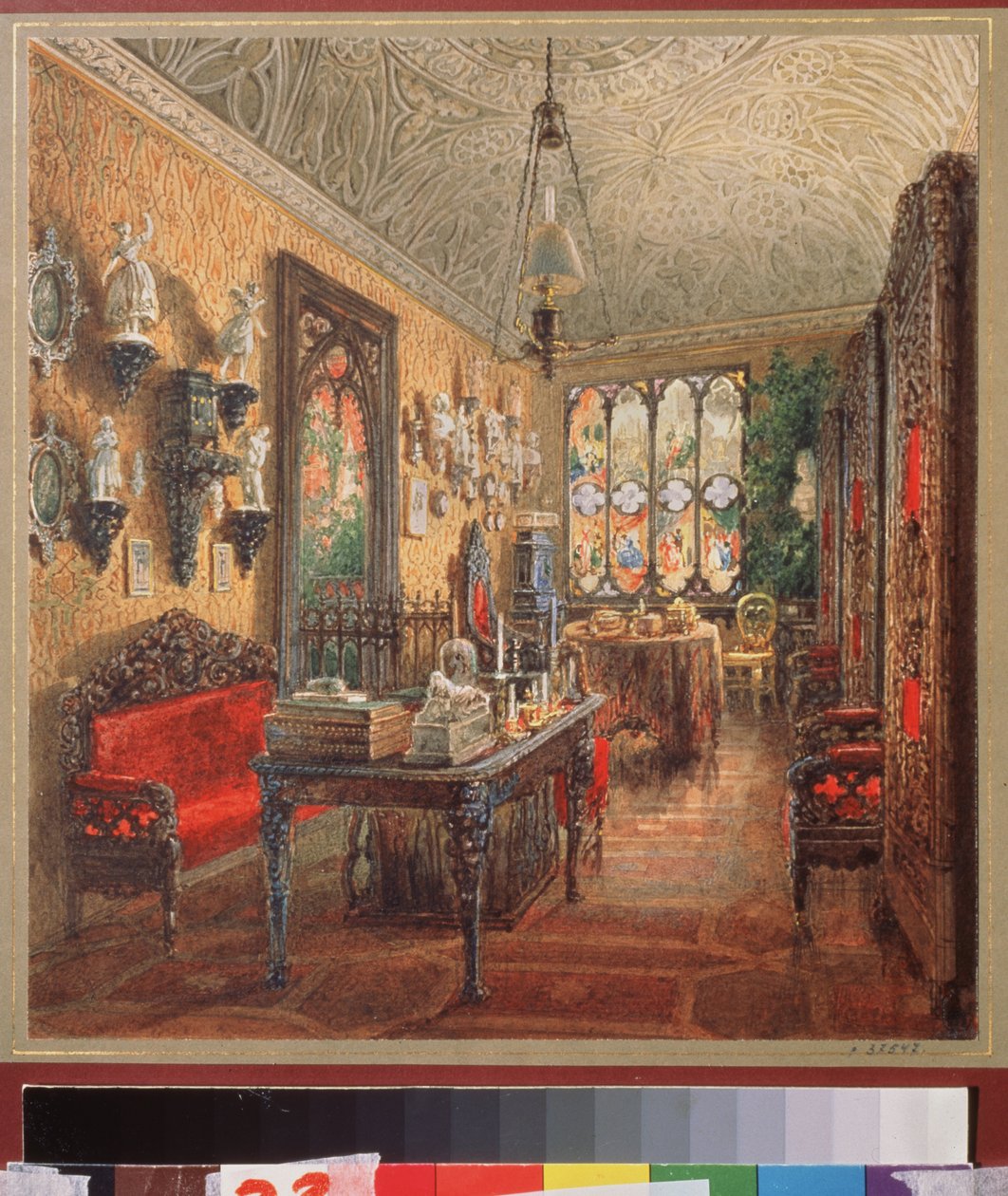Kontoret i Yusupov-palasset (Moika-palasset) i St. Petersburg. Verk av Vasily Semyonovich Sadovnikov (1800-1879), akvarell på papir, russisk kunst av Vasili Semenovich Sadovnikov