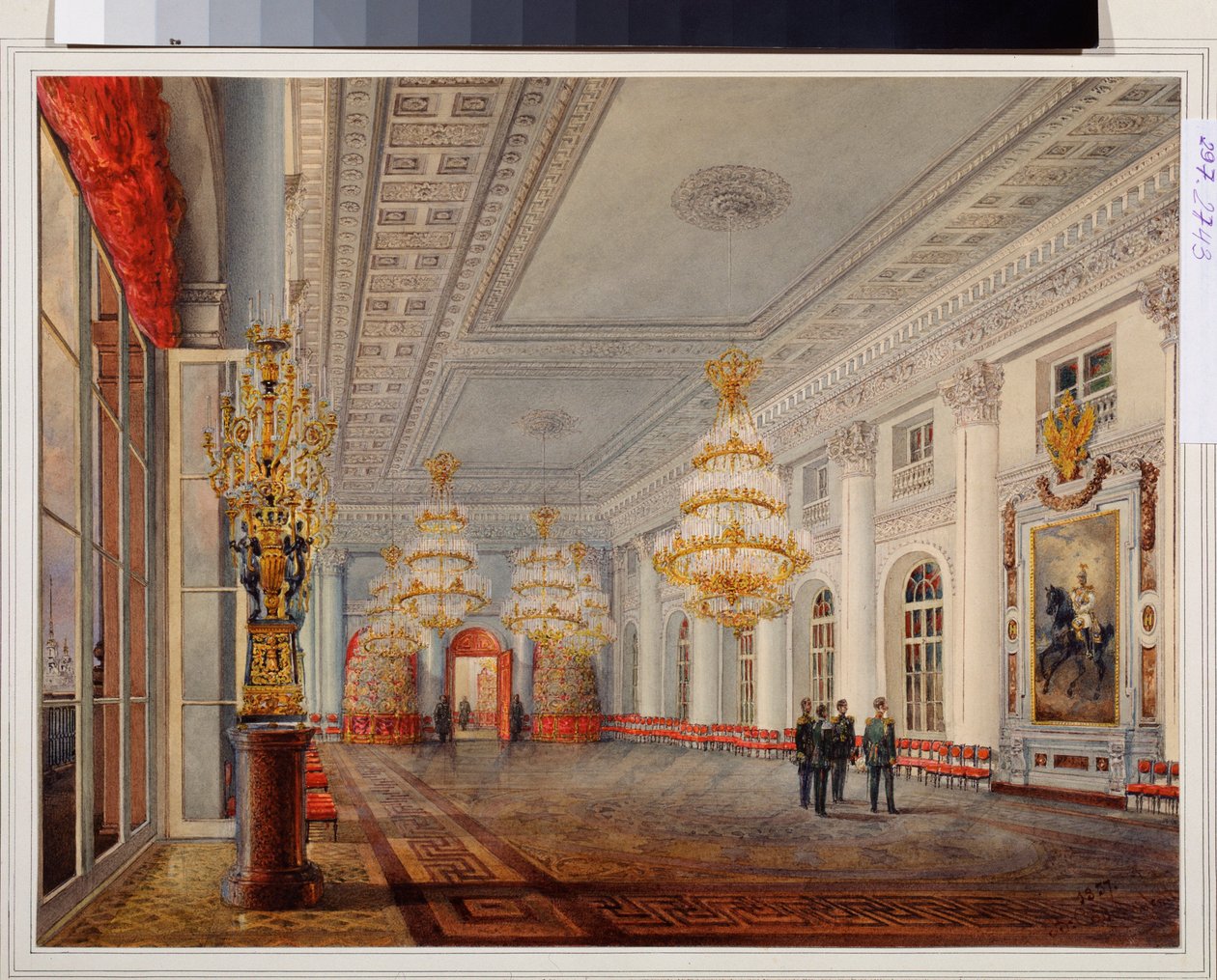 Den store salen (eller Nicolas Hall) i vinterpalasset i St. Petersburg. Verk av Vasily Semyonovich Sadovnikov (1800-1879), akvarell på papir av Vasili Semenovich Sadovnikov
