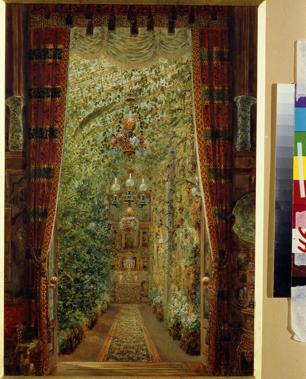 Vinterhagen til Yusupov-palasset (Moika-palasset) i St. Petersburg. (Vinterhagen i Yusupov-palasset i St. Petersburg). Verk av Vasily Semyonovich Sadovnikov (1800-1879), akvarell på papir av Vasili Semenovich Sadovnikov
