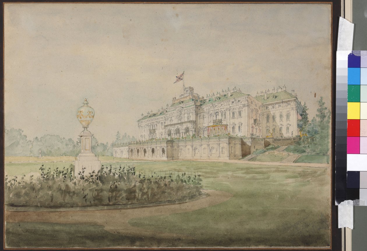 Le palais Constantin a Strelna, pres de Saint Petersbourg - Utsikt over Konstantinpalasset i Strelna nær St. Petersburg, av Sadovnikov, Vasily Semyonovich (1800-1879). Akvarell på papir av Vasili Semenovich Sadovnikov