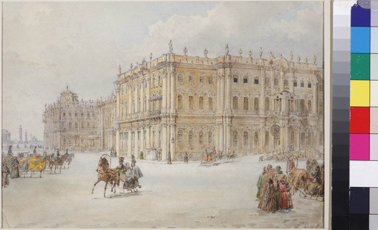 Turen til keiser Nicholas I gjennom palassplassen, av Sadovnikov, Vasily Semyonovich (1800-1879). Akvarell på papir av Vasili Semenovich Sadovnikov