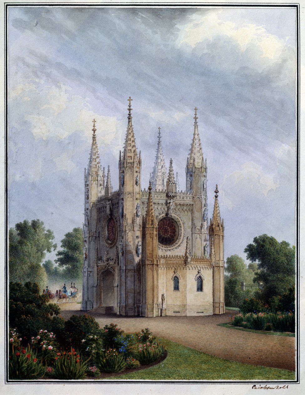 Den gotiske kirken Peterhof (Russland). Verk av Vasily Semyonovich Sadovnikov (1800-1879), akvarell på papir, mellom 1830-1840. russisk kunst av Vasili Semenovich Sadovnikov
