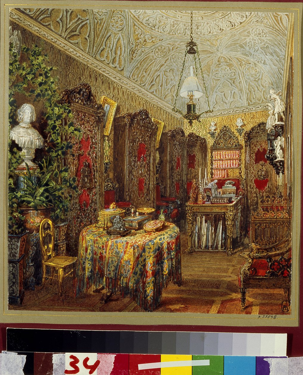 Studien i Yusupov-palasset (Moika-palasset) i St. Petersburg. (Studien i Yusupov-palasset i St. Petersburg). Verk av Vasily Semyonovich Sadovnikov (1800-1879), akvarell på papir. russisk kunst av Vasili Semenovich Sadovnikov