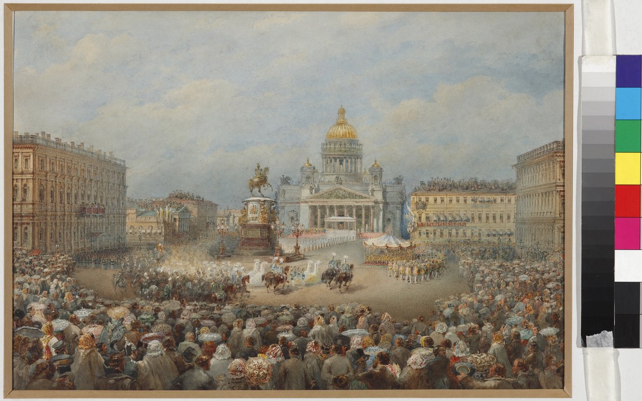 Åpningsseremoni for monumentet til Nicholas I på Mariinsky-plassen - Vasily Semyonovich Sadovnikov (1800-1879). Akvarell og hvit farge på papir av Vasili Semenovich Sadovnikov