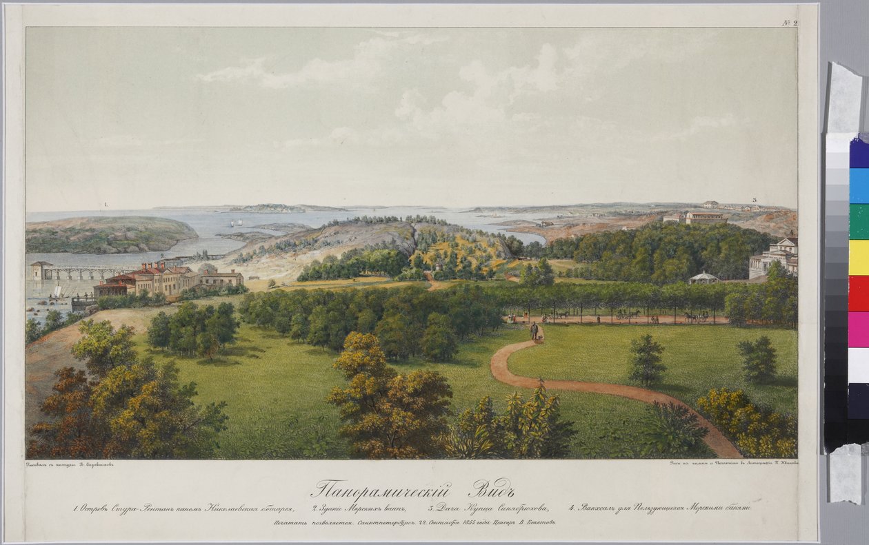 Panoramautsikt over Sveaborg og Helsingfors (ark 2), av Sadovnikov, Vasily Semyonovich (1800-1879). Litografi, akvarell av Vasili Semenovich Sadovnikov
