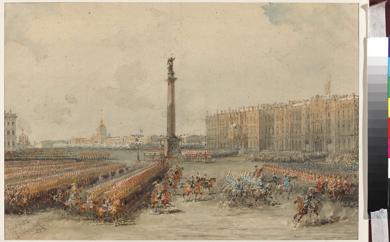 Parade av Life-Guards Horse Regiment på Palace Square - Vasily Semyonovich Sadovnikov (1800-1879). Akvarell og hvit farge på papir av Vasili Semenovich Sadovnikov
