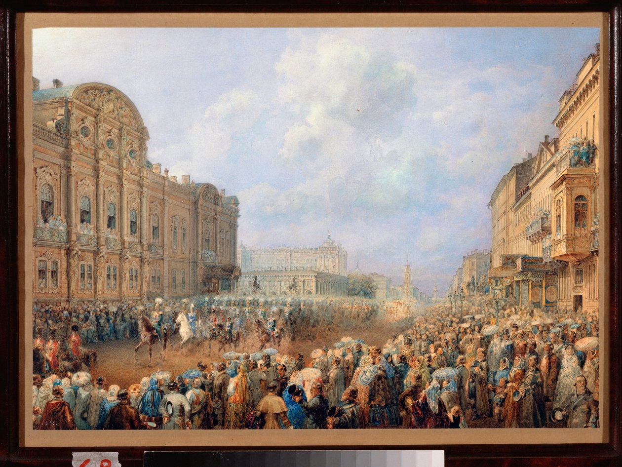 Parade på Neva Avenue (Nevsky Prospect) ved Beloselsky Palace Belozersky. (Sankt PETERSBOURG). Verk av Vasily Semyonovich Sadovnikov (1800-1879), akvarell på papir av Vasili Semenovich Sadovnikov