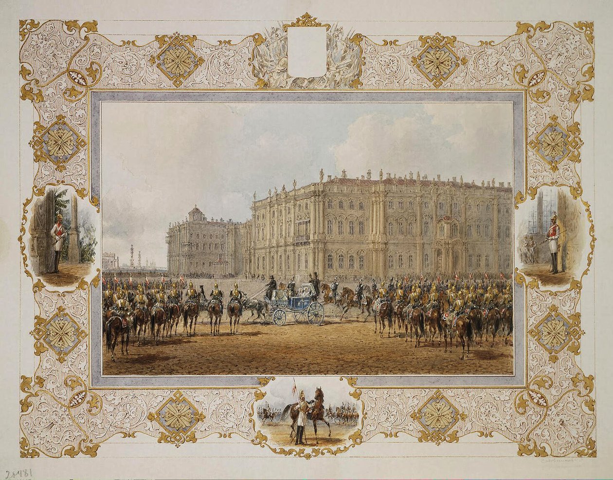 Gjennomgang av Horse-Guardsmen Regiment foran Vinterpalasset, 1850-årene av Vasili Semenovich Sadovnikov