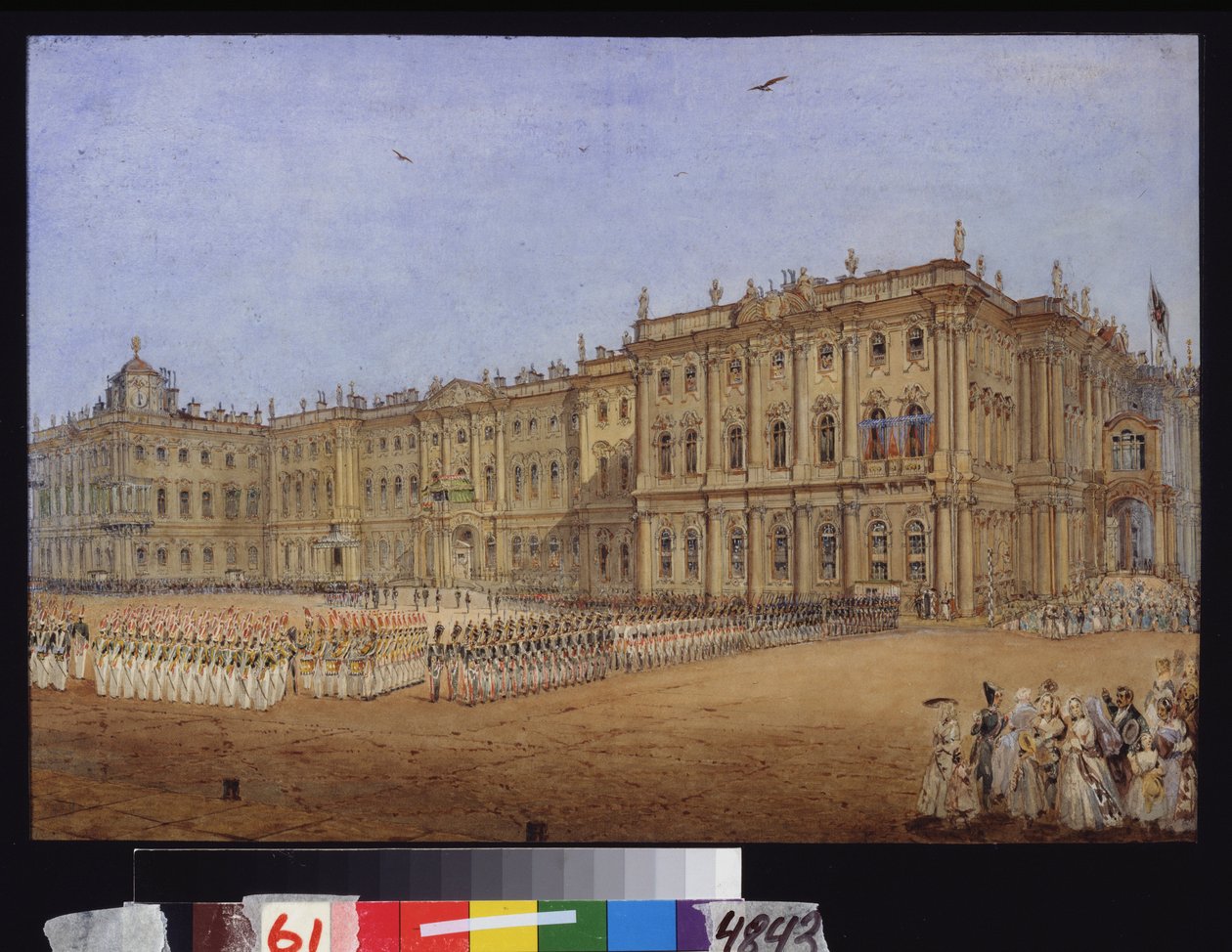 Militær gjennomgang på vinterpalasset i St. Petersburg. Verk av Vasily Semyonovich Sadovnikov (1800-1879), akvarell på papir, ca. 1840. Russisk kunst av Vasili Semenovich Sadovnikov