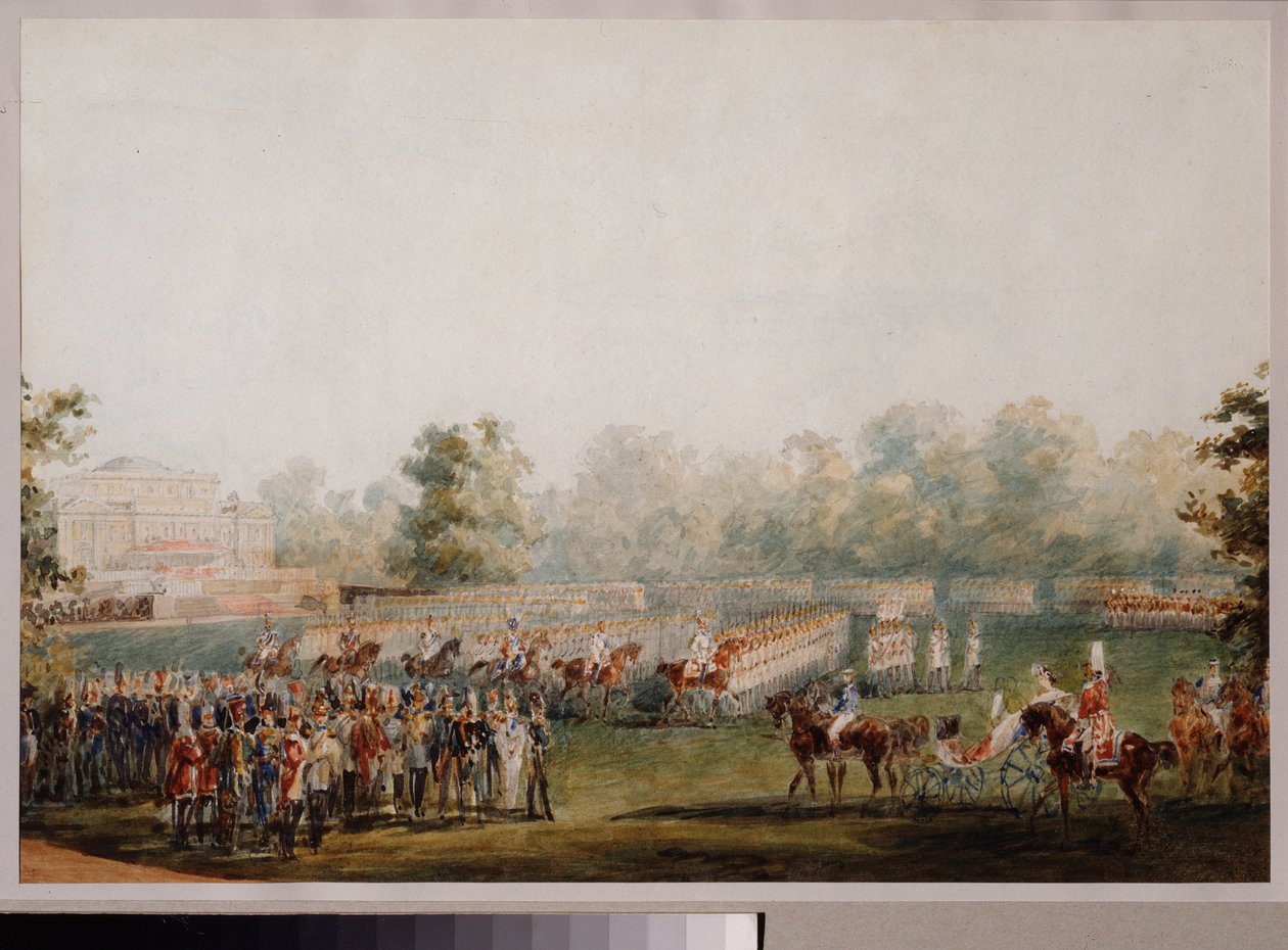 Militærparade på engen til palasset Elagin i St. Petersburg. (Parade av den keiserlige garde). Verk av Vasily Semyonovich Sadovnikov (1800-1879), akvarell på papir av Vasili Semenovich Sadovnikov
