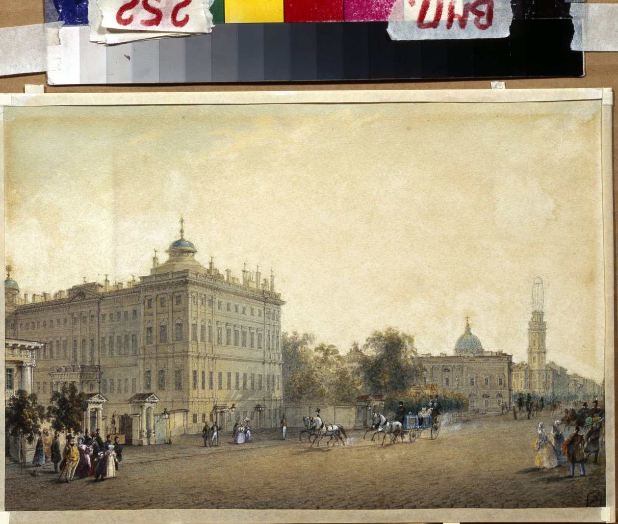 Sankt PETERSBOURG. Anichkov-palasset. (Sankt Petersburg. Anichkov-palasset). Verk av Vasily Semyonovich Sadovnikov (1800-1879), akvarell på papir, ca. 1830. Russisk kunst av Vasili Semenovich Sadovnikov