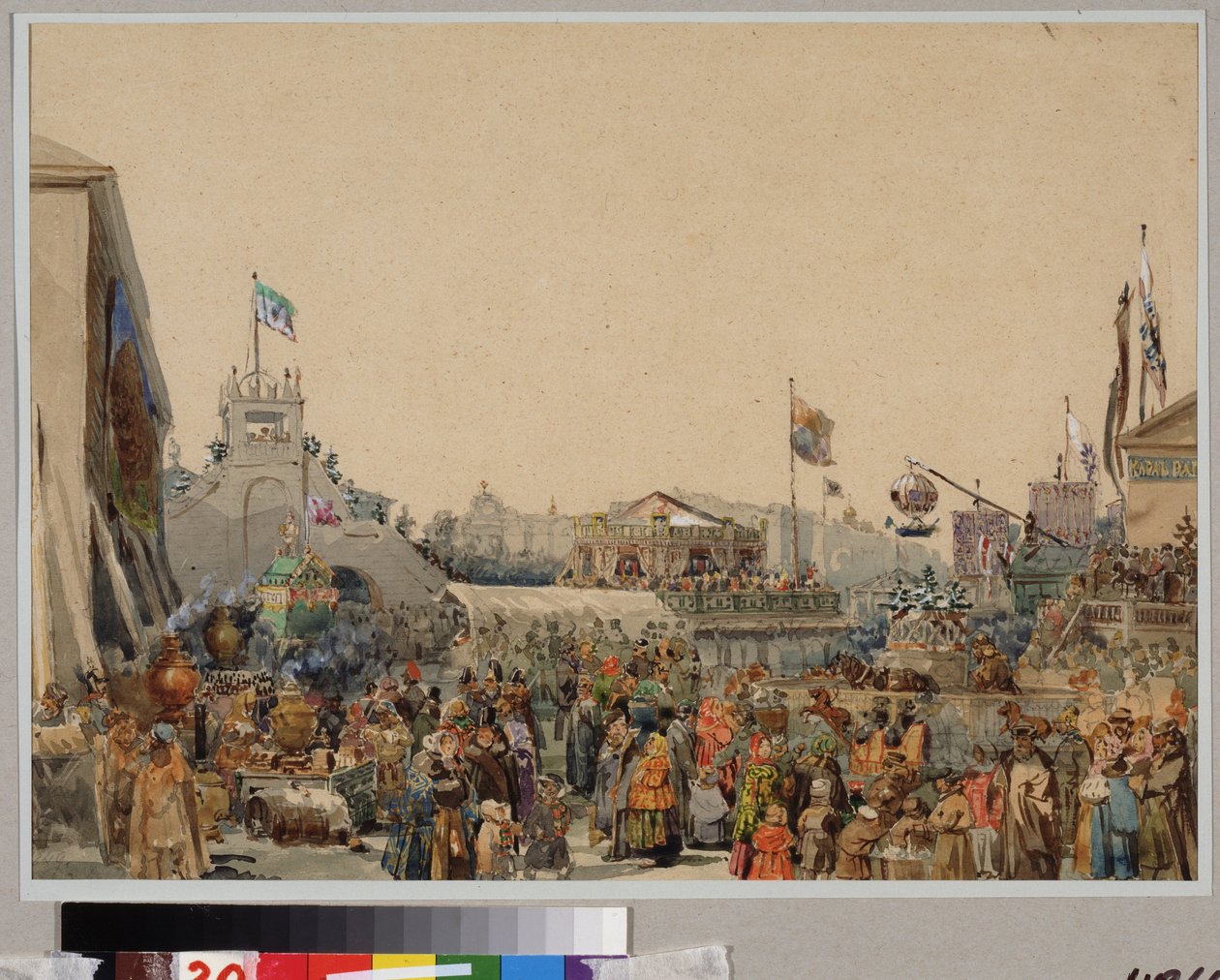 Messestand på Admiralitetsplassen i St. Petersburg. Verk av Vasily Semyonovich Sadovnikov (1800-1879), akvarell på papir av Vasili Semenovich Sadovnikov