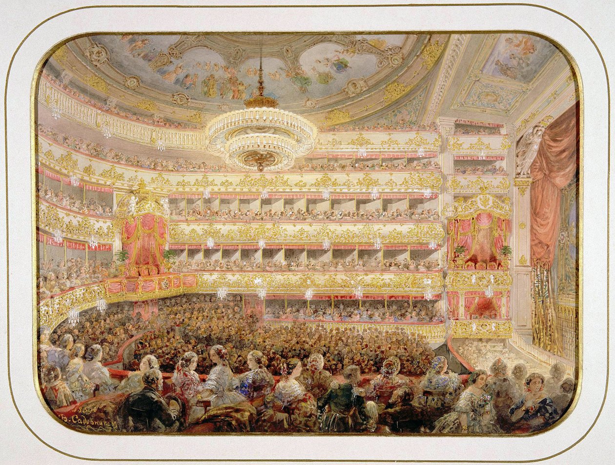 Auditoriet til St. Petersburgs keiserlige Bolshoi Kamenny-teater av Sadovnikov, Vasily Semyonovich (1800-1879). Akvarell, Gouache på papir, størrelse: 35x26 av Vasili Semenovich Sadovnikov
