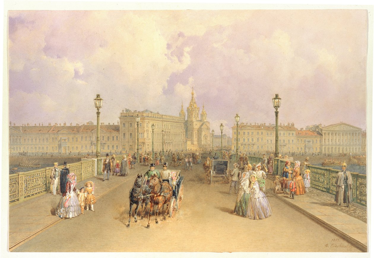 Utsikt over Blagoveshchensky-broen i St. Petersburg, 1851 av Vasili Semenovich Sadovnikov