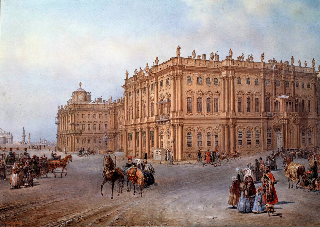 Utsikt over vinterpalasset i St. Petersburg i 1843 Litografi av Vasily Sodovnikof (eller Sadovnikov av Vasili Semenovich Sadovnikov
