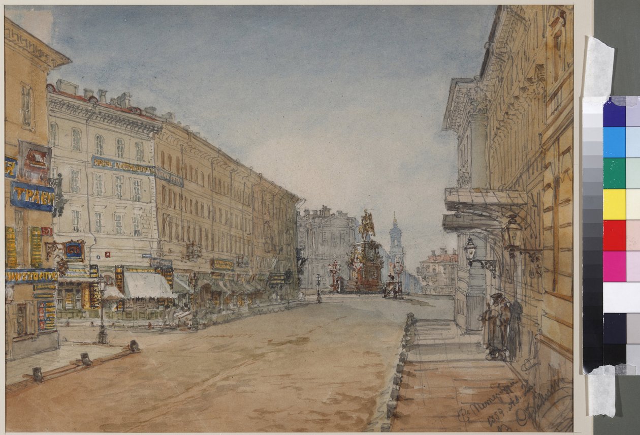 Voznesensky Prospekt i St. Petersburg, av Sadovnikov, Vasily Semyonovich (1800-1879). Akvarell på papir av Vasili Semenovich Sadovnikov