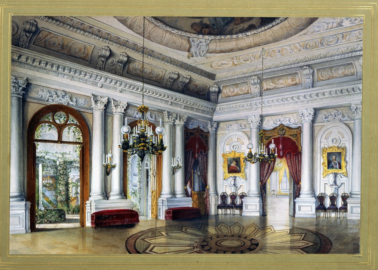 Utsikt over Antonio Vighi-rommet i Yusupov-palasset (Youssoupov, Youssoupoff) i St. Petersburg, også kalt Moika-palasset (Antonio Vigi-rommet i Yusupov-palasset i St. Petersburg). Kunstverk av Vasily Semyonovich Sadovnikov (1800-1879). En q av Vasili Semenovich Sadovnikov