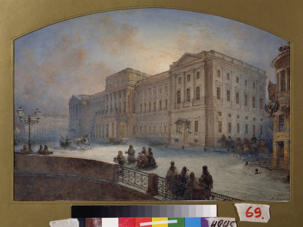 Utsikt over Marlinsky-palasset om vinteren (Saint Petersburg). Verk av Vasily Semyonovich Sadovnikov (1800-1879), akvarell på papir av Vasili Semenovich Sadovnikov