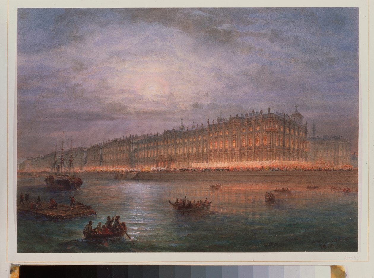 Utsikt over vinterpalasset om natten (Saint Petersburg). Verk av Vasily Semyonovich Sadovnikov (1800-1879), akvarell på papir. Russisk kunst fra 1800-tallet. State Hermitage, St. Petersburg. av Vasili Semenovich Sadovnikov