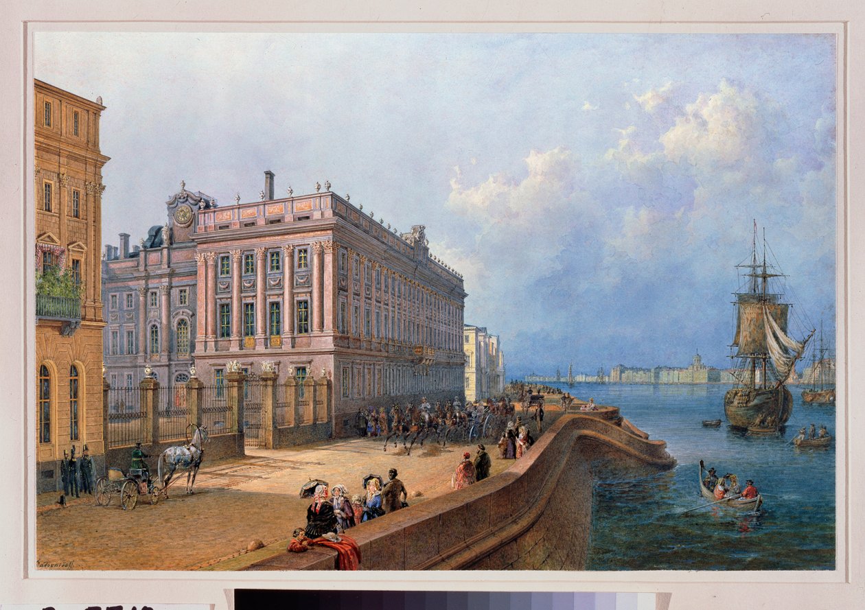Utsikt over bredden av Neva og Marmorpalasset i St. Petersburg. Verk av Vasily Semyonovich Sadovnikov (1800-1879), akvarell på papir av Vasili Semenovich Sadovnikov