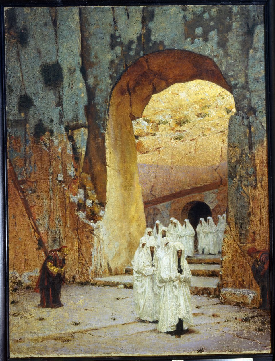 I Jerusalem (Israel). Judas kongelige grav. (I Jerusalem. Judas kongelige grav). En prosesjon av karakterer kledd i hvitt kommer ut av graven til Judas konger. En kvinne bøyer seg respektfullt ned for å hilse på dem når de passerer. Maling av av Vasili Vasilievich Vereshchagin