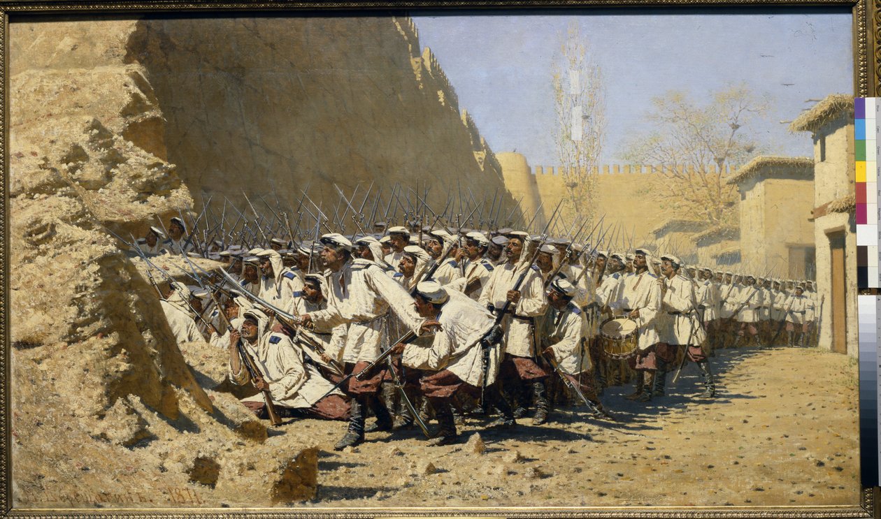 Til festningsverkene, slipp dem inn! (samling av troppene før slaget) (Ved festningsmurene; slipp dem inn!) - Maleri av Vasili Vasilyevich Vereshchagin (Vereshchagin) (1842-1904), olje på lerret (95x160,5 cm) av Vasili Vasilievich Vereshchagin
