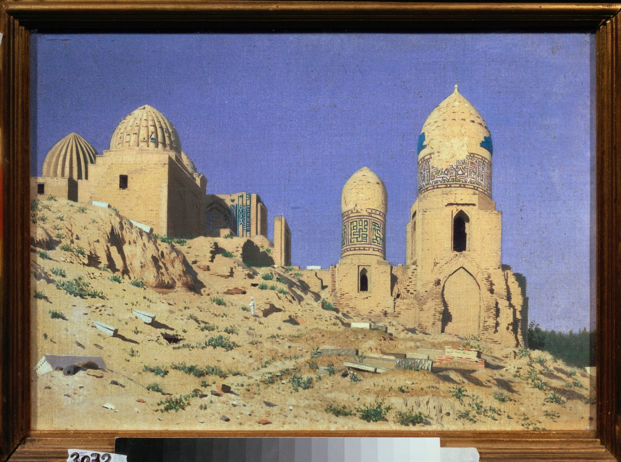La necropole Shah I Zinda (Shah-i-Zinda) a Samarcande (Ouzbekistan) (Necropolis Shah I Zinda i Samarkand) - Peinture de Vasili Vasilyevich Vereshchagin (Vassili Verechtchaguine) (1842-1904), huile sur toile av Vasili Vasilievich Vereshchagin
