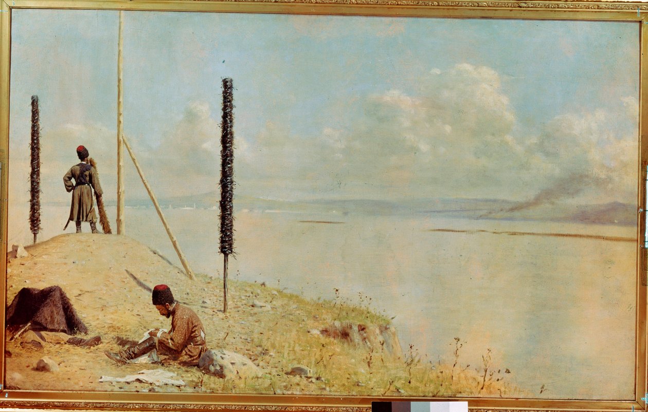 ""Sentry on the Donau, Ukraine"" Kosakkvakt på Donaudeltaet - (Picket on the Donau) Maleri av Vasili Vasilyevich Vereshchagin (Vassili Vereshchagin) (1842-1904) Olje på lerret 1878-1879 Russisk Dim 120x2000 museum Kunst, Kiev av Vasili Vasilievich Vereshchagin