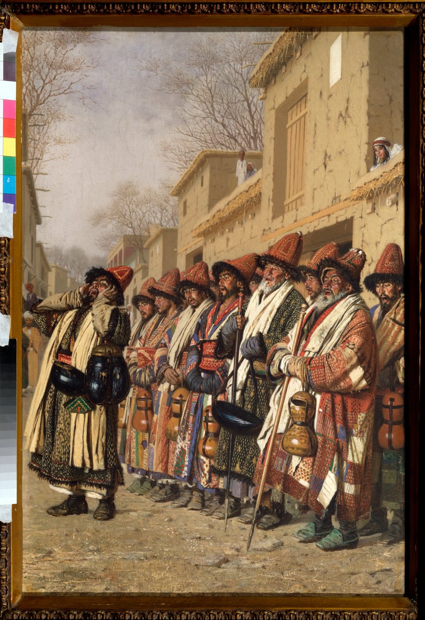 The Chorus of Dervishes Begging Alms in Tashkent (Usbekistan) (Dervishes Chorus Begging Alms in Tashkent) - Maleri av Vasili Vasilyevich Vereshchagin (Vassili Vereshchagin) (1842-1904), olje på lerret av Vasili Vasilievich Vereshchagin